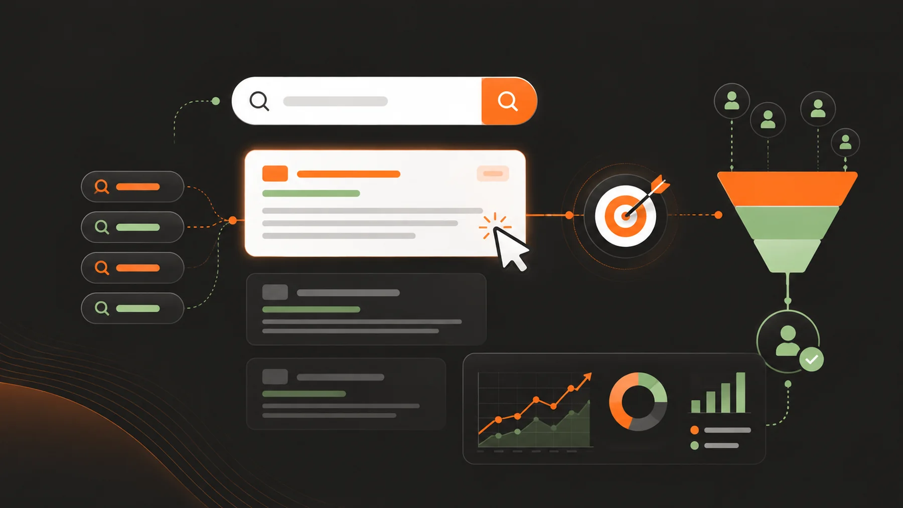The paid search chain: query, ad, click, conversion target and lead funnel