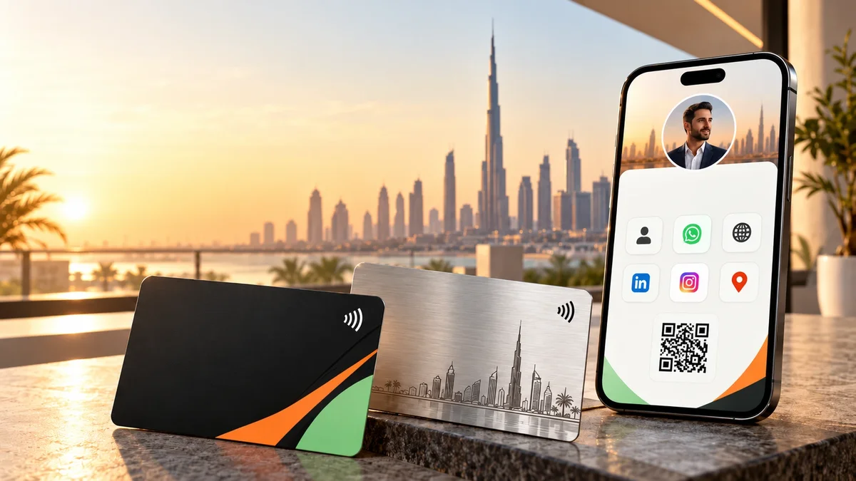 بطاقتا أعمال NFC من PVC والفولاذ المقاوم للصدأ بجانب هاتف ذكي على مكتب في دبي