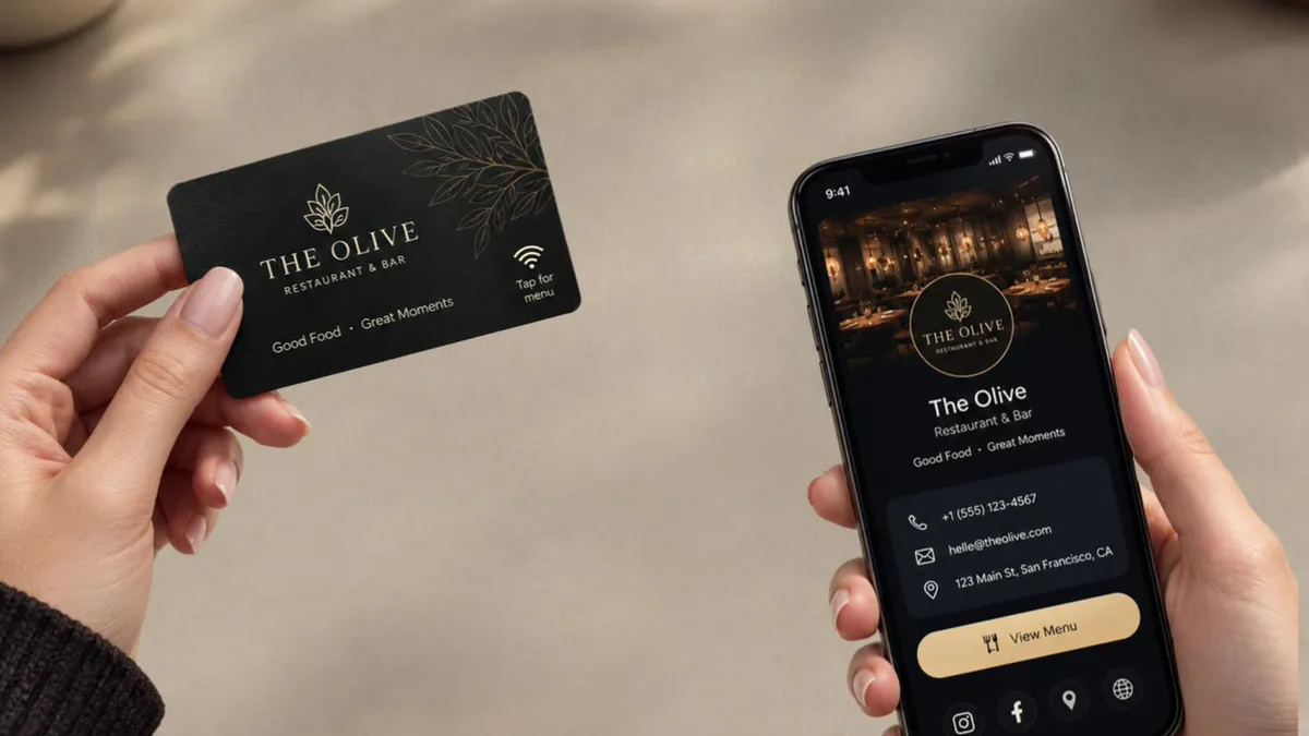A custom NFC business card held next to a phone showing the digital profile it opens