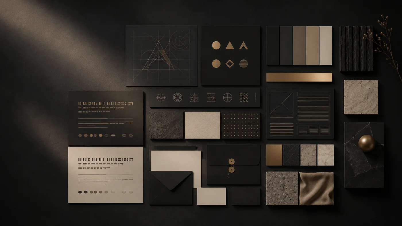 A brand system laid out: logo construction grids, geometric marks, colour and material swatches, stationery and textures
