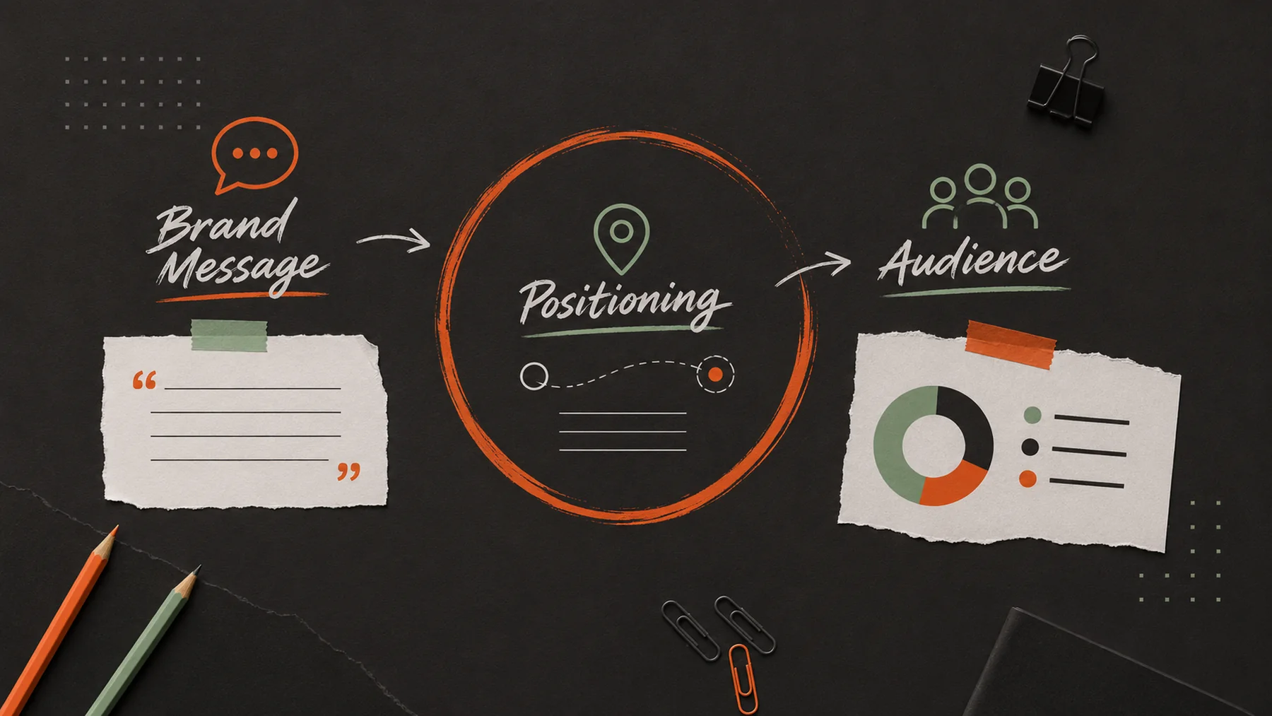 Brand message, positioning and audience laid out as a flow on a dark desk