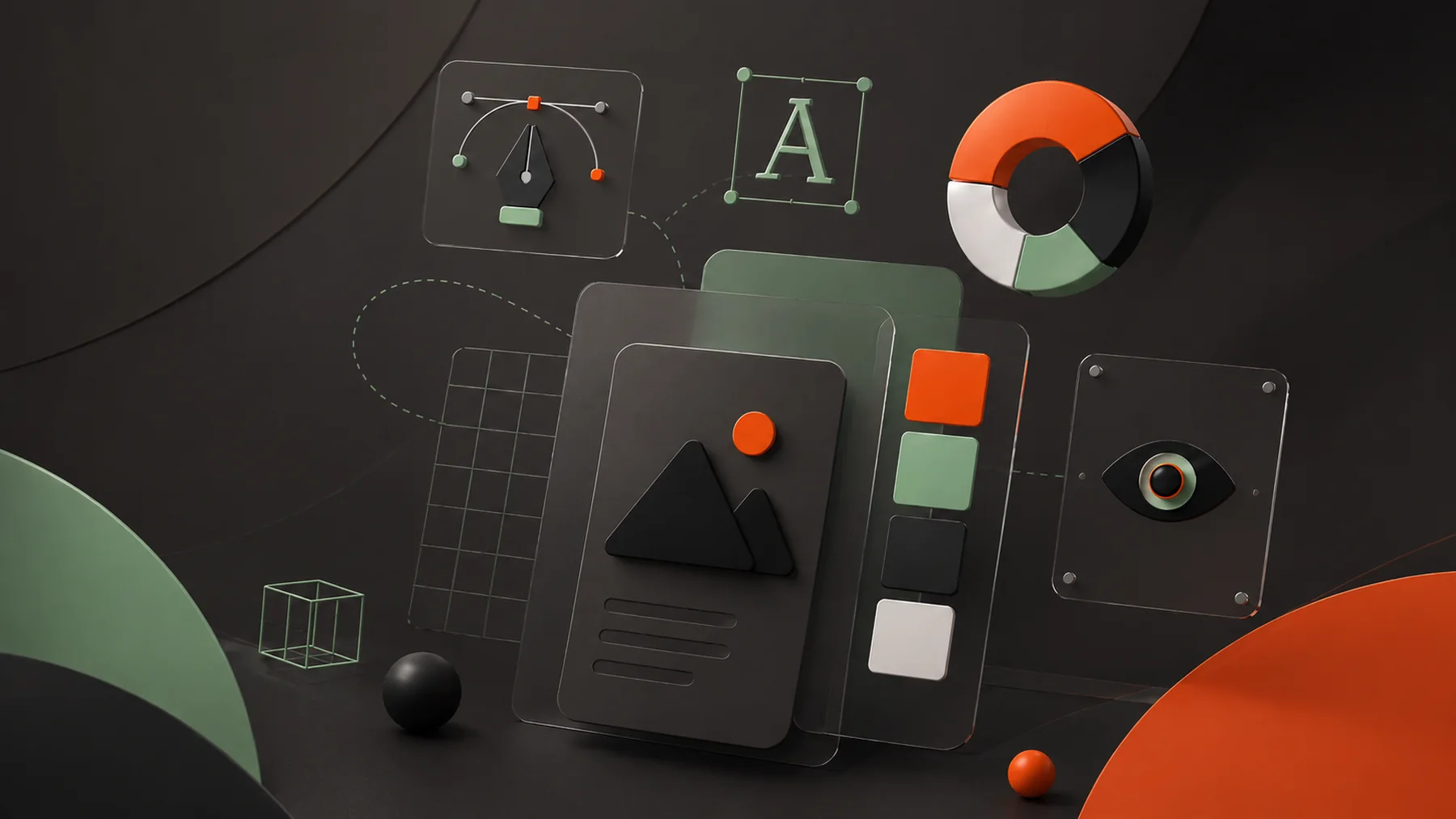 Design tools and brand elements: pen tool, type, grid, colour swatches, palette and screen applications