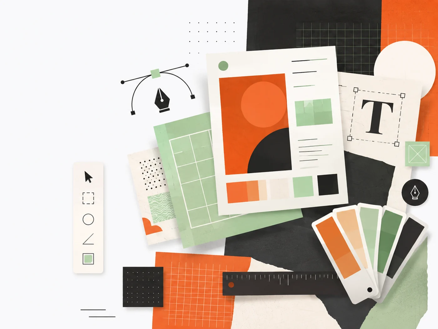 Graphic design work laid out: a poster layout, colour swatches, a type specimen, grids, textures and drawing tools
