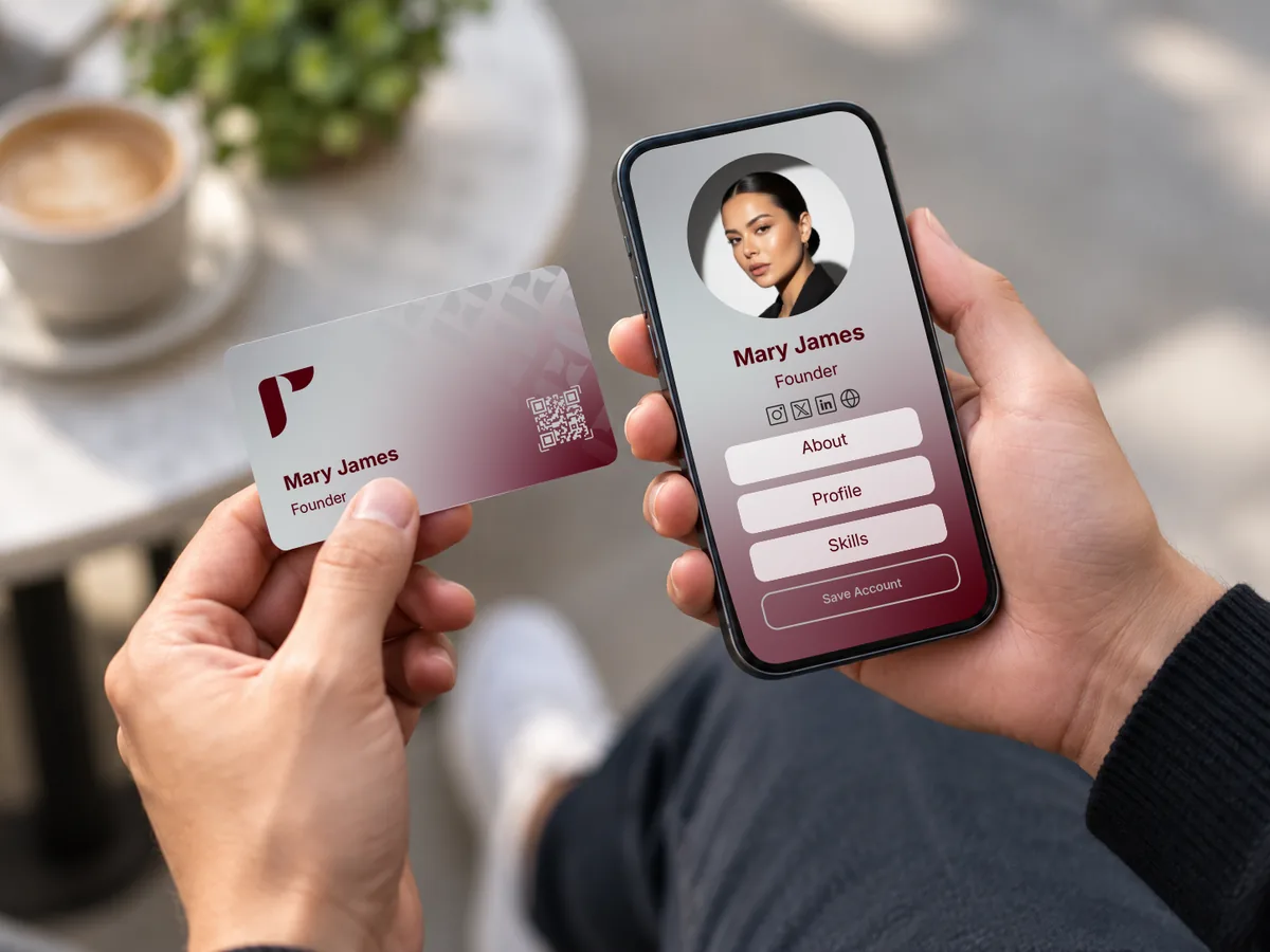 A custom NFC business card beside the digital profile it opens, both in the same brand colours