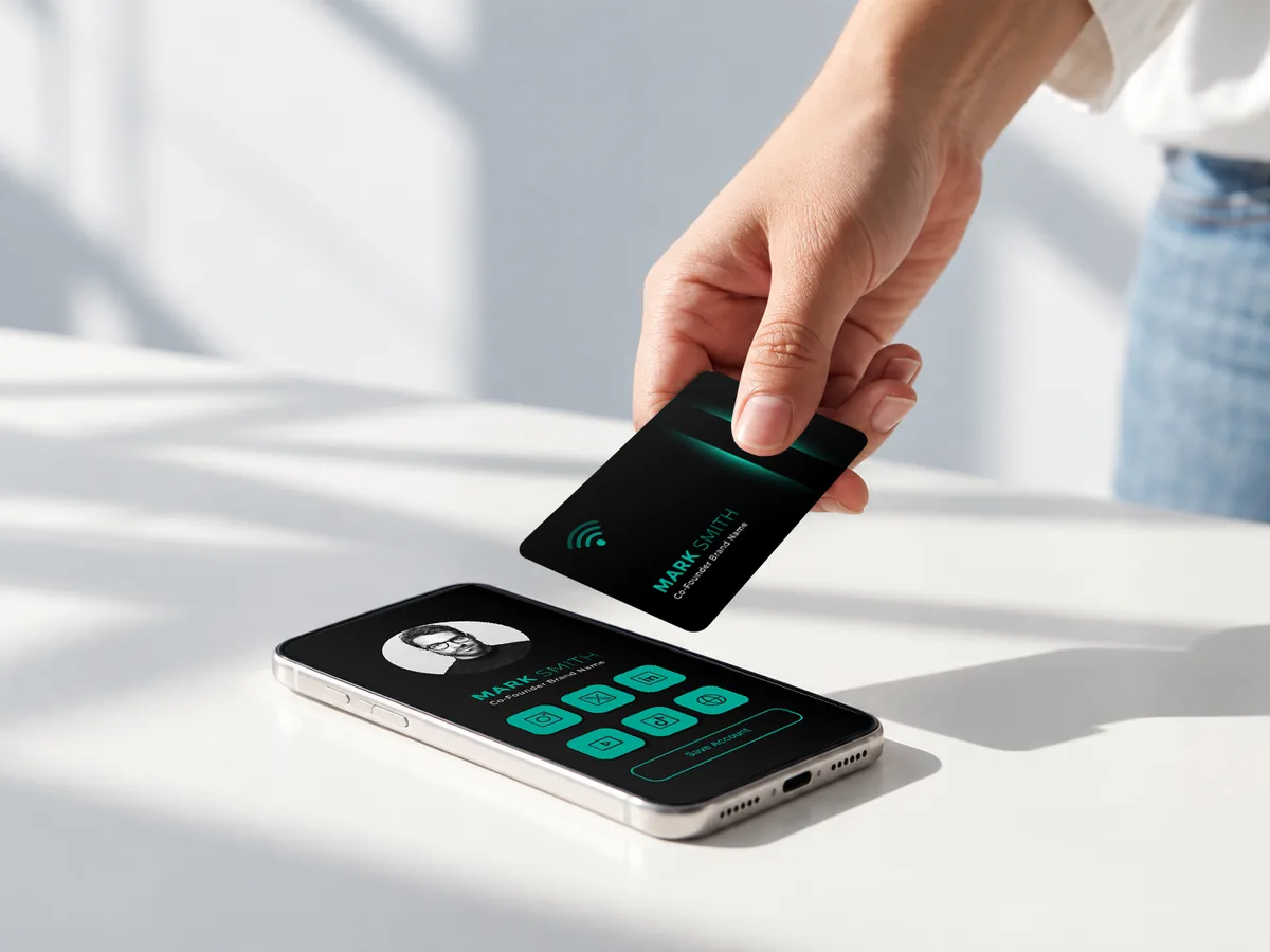 An NFC business card held above a smartphone that is showing the cardholder&rsquo;s digital profile