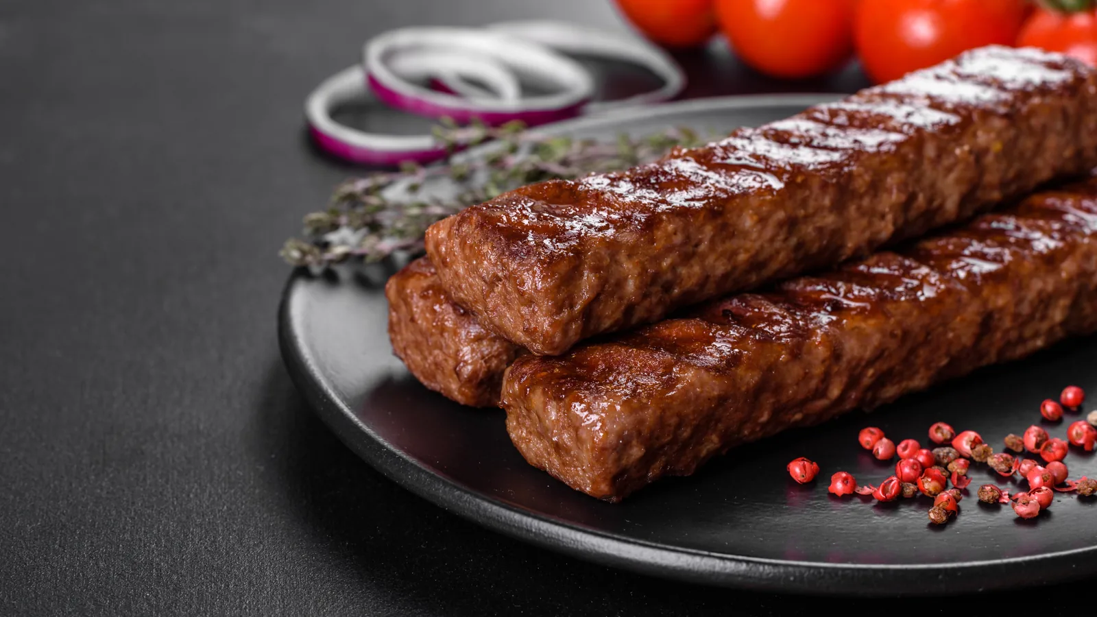 Three grilled kebabs on a dark plate with red peppercorns and onion